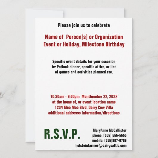 Invitation Vache à renne de Joyeux Noël de Mooey (Dos)