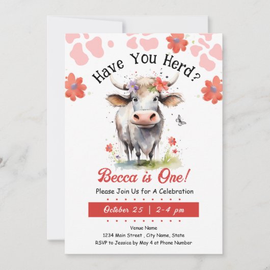 Invitation Vache Ai-Tu Trouvé 1ère Fille d'anniversaire (Devant)