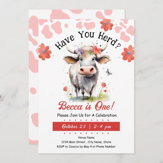 Invitation Vache Ai-Tu Trouvé 1ère Fille d'anniversaire (Devant / Derrière)
