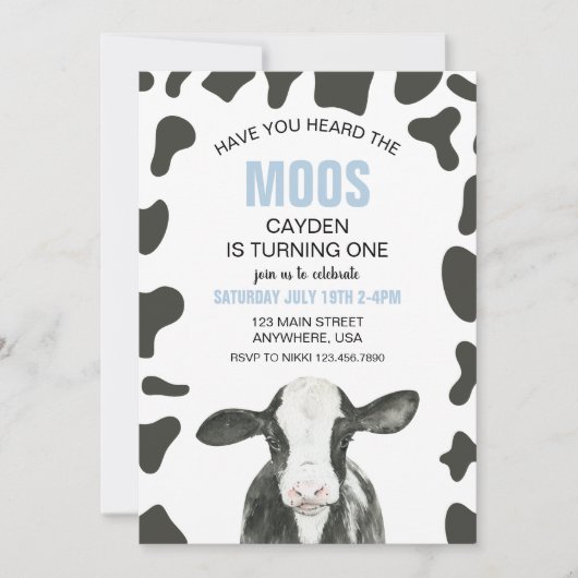 Invitation Vache Avez-Vous Entendu Moos bleu Plaid Anniversai (Devant)