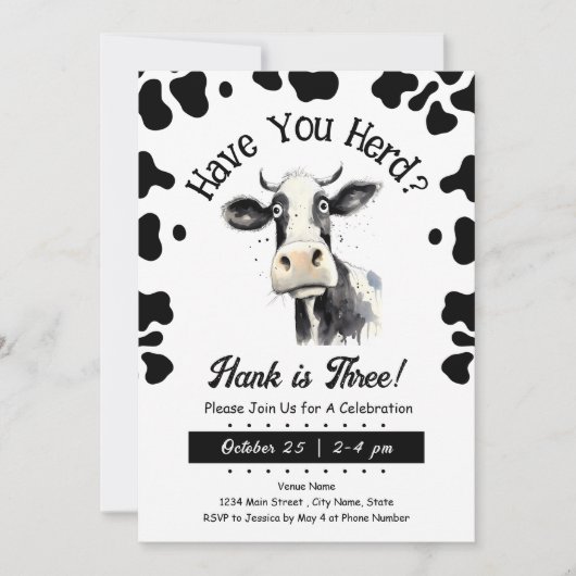 Invitation Vache avez-vous troupeau 3e anniversaire aquarelle (Devant)