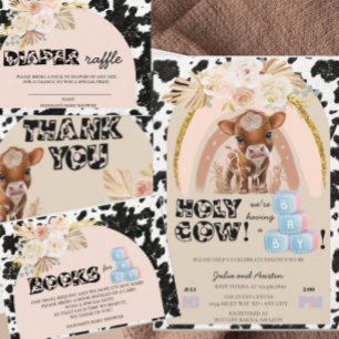 Invitation Vache Baby shower Boho Pampas Grasse