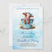 Invitation Vache bébé mignonne dans le Baby shower bleu seau  (Devant)
