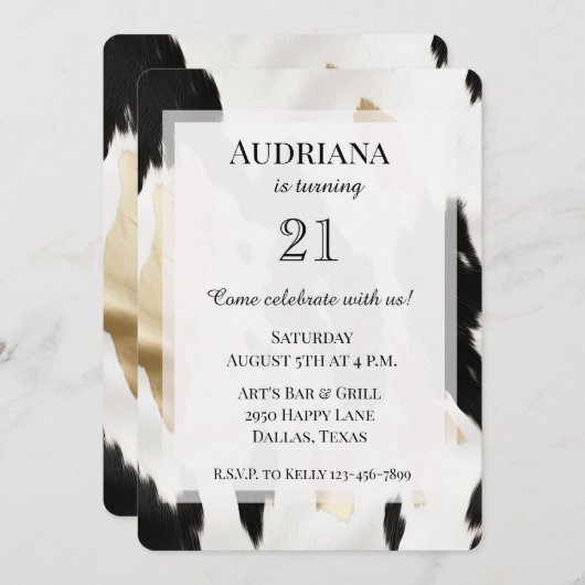 Invitation Vache blanche noire en or du sud-ouest Anniversair (Devant / Derrière)