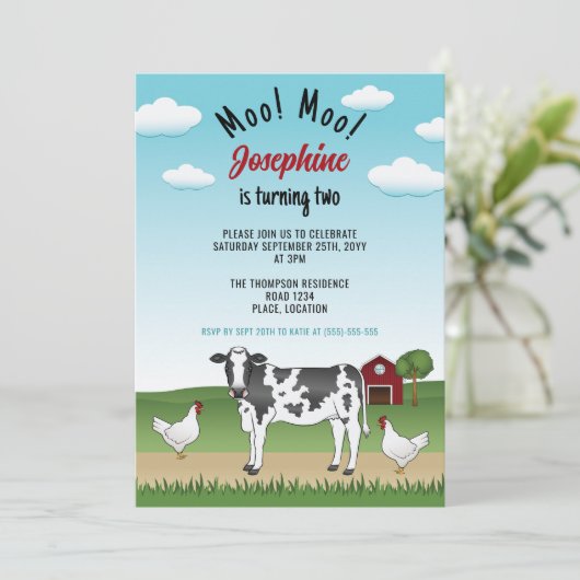 Invitation Vache Blanche Noire Et Poulet Ferme Barnyard Birth (Debout devant)