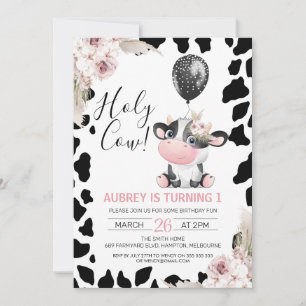 Invitation Vache blanche noire florale Imprimer Ballons 1er a