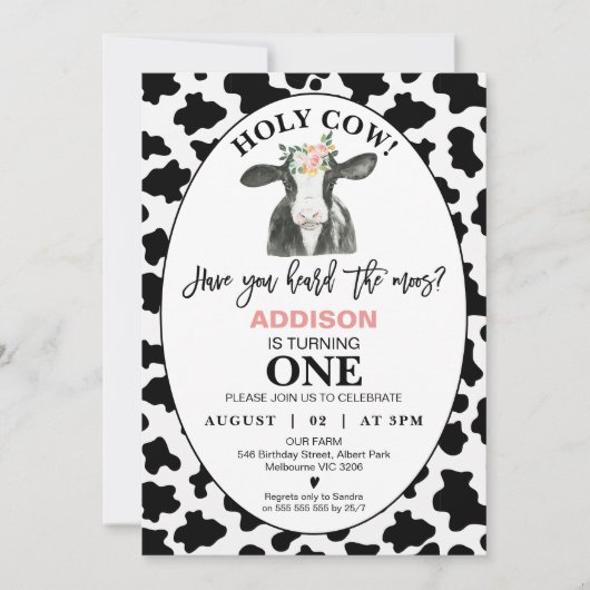 Invitation Vache blanche noire Imprimer Vache blanche 1er ann (Devant)
