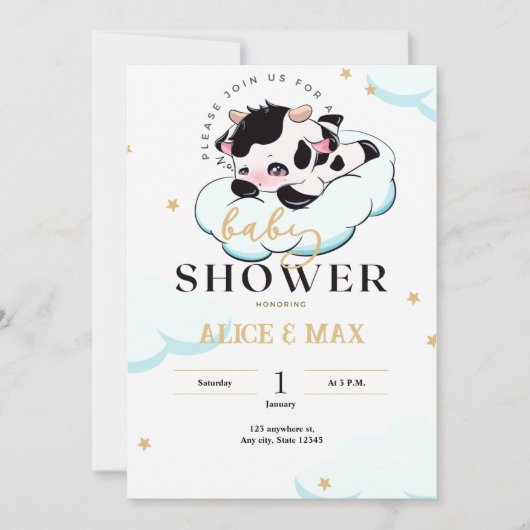 Invitation Vache blanche noire rose couchée Baby shower nuage (Devant)