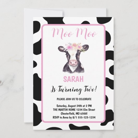 Invitation Vache blanche noire rose florale Imprimer 2e anniv (Devant)