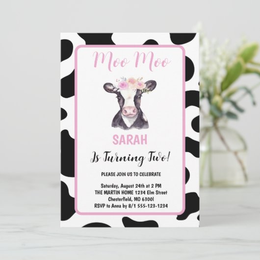 Invitation Vache blanche noire rose florale Imprimer 2e anniv (Debout devant)