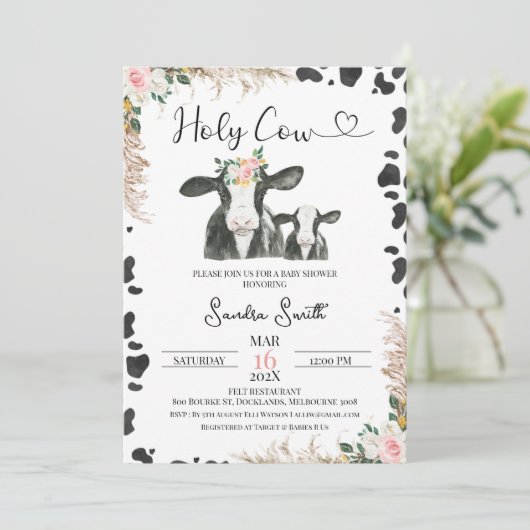 Invitation Vache blanche noire Veau floral Vache Baby shower (Debout devant)