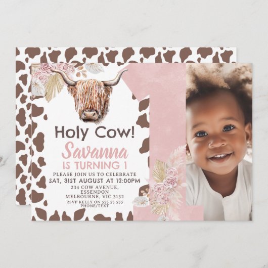 Invitation Vache Brown Imprimer Boho Floral Vache sainte 1er  (Devant / Derrière)