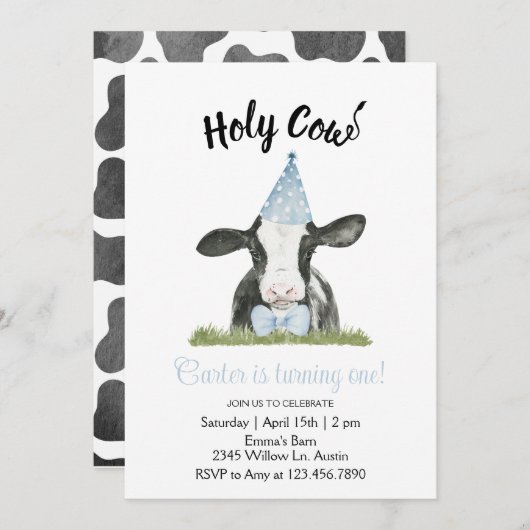 Invitation Vache casquette Blue Party avec vache Imprimer Inv (Devant / Derrière)