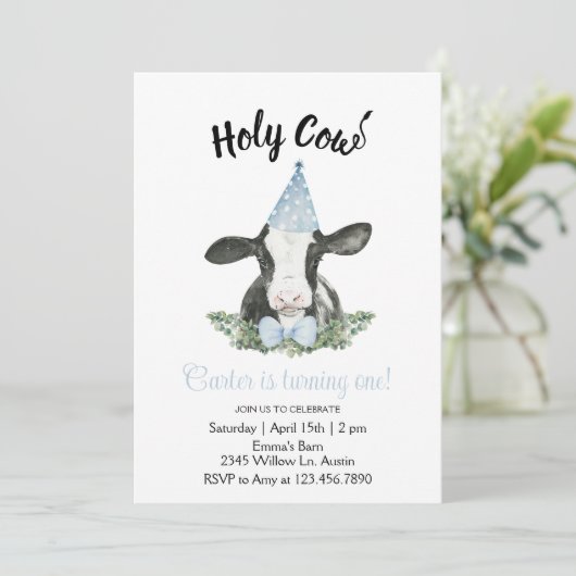 Invitation Vache casquette Blue Party avec vache Imprimer Inv (Debout devant)