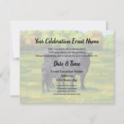 Invitation Vache d'Angus noir et veau mou en pâturage d'été (Dos)