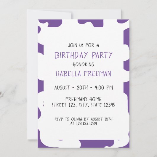 Invitation Vache Danser Ferme Animaux Thématiques Fille 1er A (Dos)