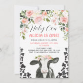Invitation Vache de vache rose florale Imprimer Premier anniv (Devant)