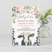 Invitation Vache de vache rose florale Imprimer Premier anniv (Debout devant)