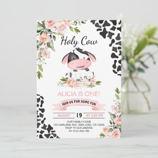 Invitation Vache de vache rose florale Imprimer Premier anniv (Debout devant)