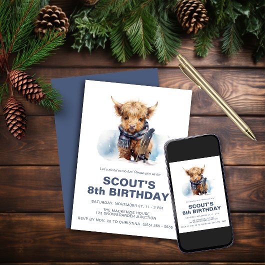 Invitation Vache des Highlands en snowboard