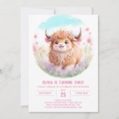 Invitation Vache des Highlands et fleurs roses Anniversaire (Devant)