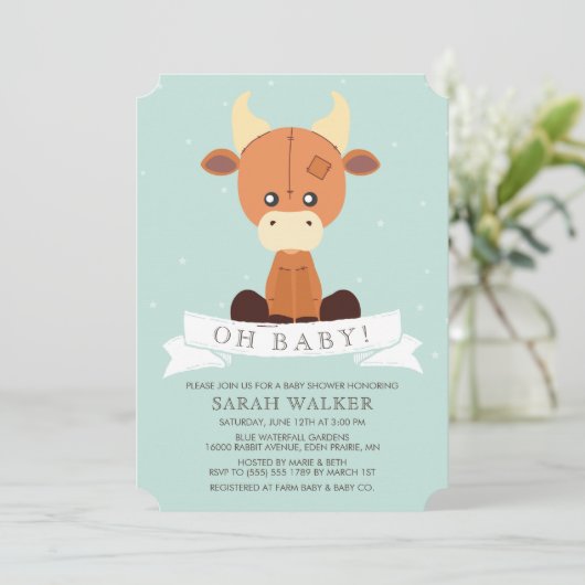 Invitation Vache farcie Baby shower neutre jaune et vert (Debout devant)