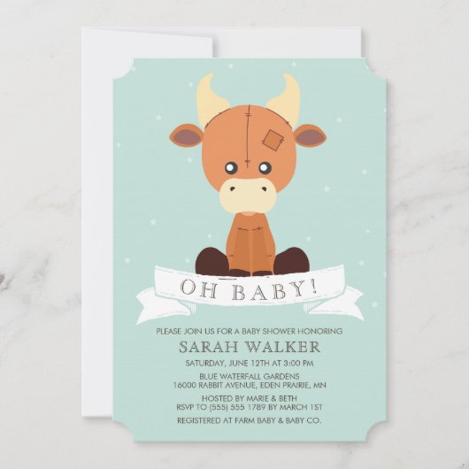 Invitation Vache farcie Baby shower neutre jaune et vert (Devant)