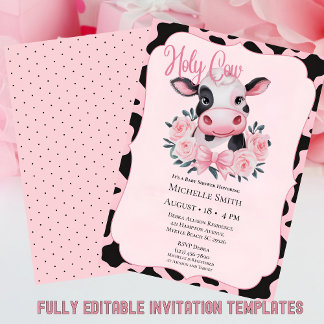 Invitation Vache florale rose Blush Imprimer Baby shower Invi