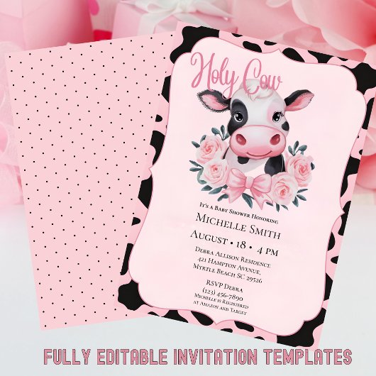 Invitation Vache florale rose Blush Imprimer Baby shower Invi