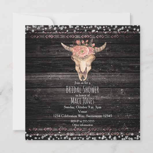 Invitation Vache florale rustique Crâne Bois foncé Glam Invit (Devant)