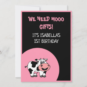 Invitation Vache Funny ferme animal thème fille 1er anniversa