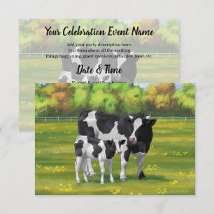 Invitation Vache Holstein et veau mignon en pâturage d'été