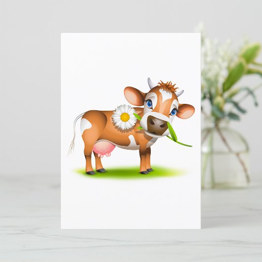 Invitation Vache laitière au dessin mignonne avec fleur et he