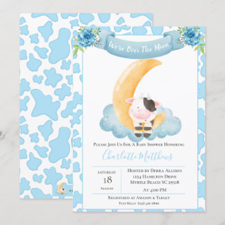 Invitation Vache mignonne au-dessus du Baby shower bleu lune