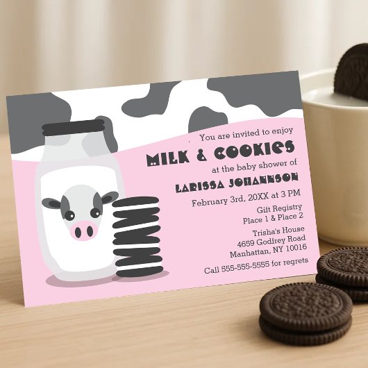 Invitation Vache mignonne et lait et biscuits Baby shower ros