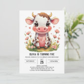 Invitation Vache moderne rose bohème Anniversaire (Debout devant)