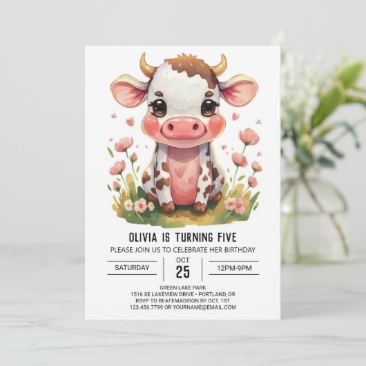 Invitation Vache moderne rose bohème Anniversaire (Debout devant)
