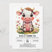 Invitation Vache moderne rose bohème Anniversaire (Devant / Derrière)