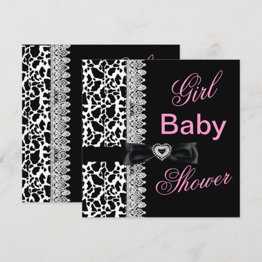 Invitation Vache noir blanc rose fille Baby shower dentelle (Devant / Derrière)