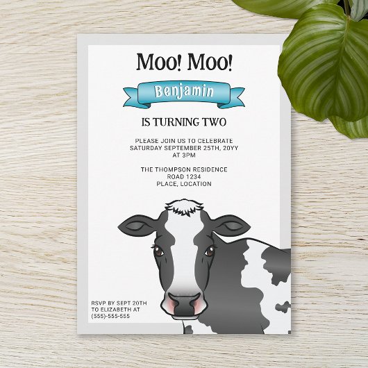 Invitation Vache noire et blanche avec Bleu Barnyard ferme An