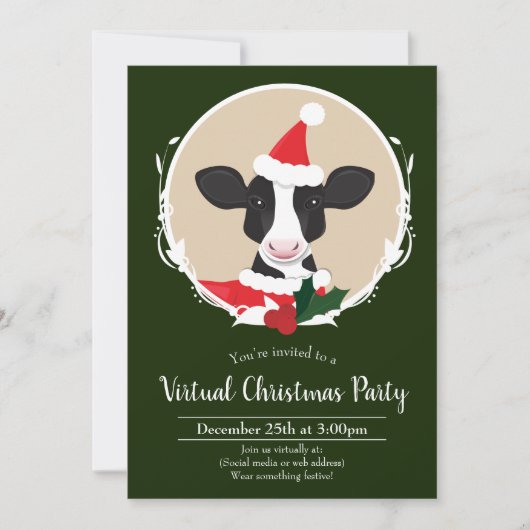 Invitation Vache Père Noël Vert Blanc Virtuel Noël (Devant)