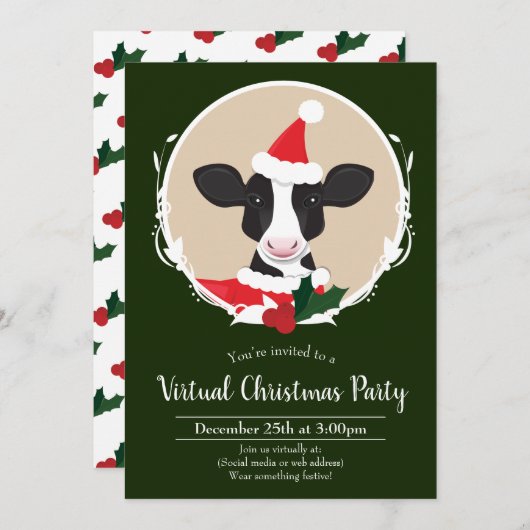 Invitation Vache Père Noël Vert Blanc Virtuel Noël (Devant / Derrière)