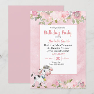 Invitation Vache rose et blanc mignonne Floral Anniversaire F