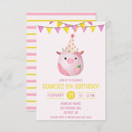 Invitation Vache rose et jaune farci, fête d'anniversaire pel (Devant / Derrière)
