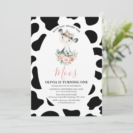 Invitation Vache Rose Floral Avez-Vous Entendu Moos Anniversa (Debout devant)