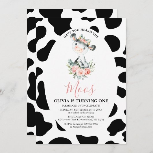 Invitation Vache Rose Floral Avez-Vous Entendu Moos Anniversa (Devant / Derrière)