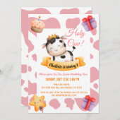 Invitation Vache rose Imprimer 1er anniversaire Vache blanche (Devant / Derrière)
