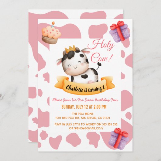 Invitation Vache rose Imprimer 1er anniversaire Vache blanche (Devant / Derrière)