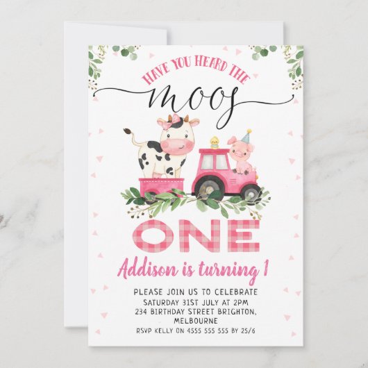 Invitation Vache rose Plaid Moos premier anniversaire (Devant)