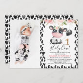 Invitation Vache rose rose rose moderne 1er anniversaire (Devant / Derrière)